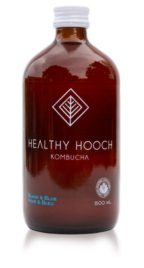 product bottle of black and blue healthy hooch kombucha flavour